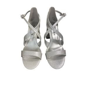 Anne Klein Silver Sparkle Block Heel Sandals Sz 8